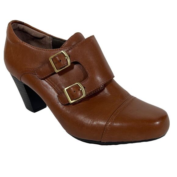 Clarks Leather Double Buckle Monk Booties Heels Sapphire Tan Leather 9.5 M Women - Picture 9 of 9